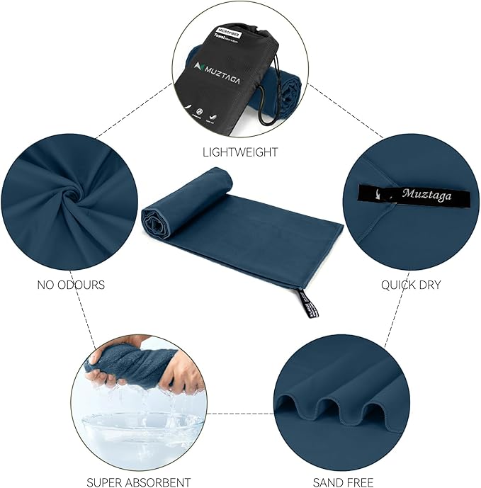 Microfiber Beach Towel-Perfect for Travel, Sports, Camping, Swimming, Yoga, Gym- Quick Dry, Sand Free, Compact, Lightweight, Absorbent (Navy Blue,X-Large(200x90cm, 78x35”))