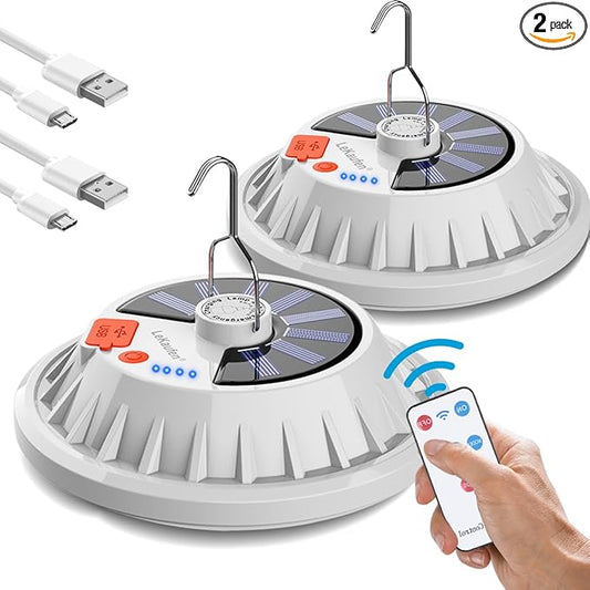 USB Solar Camping Light Remote Tent Light 2 Pack - 4000LM Portable LED Rechargeable Camping Lantern Hanging Waterproof Emergency Light for Camping, Hiking, Power Failure, Hurricane (120 LEDs)