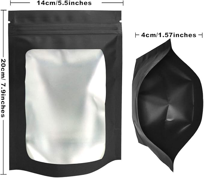 STUs 100 Pack Stand-Up Smell Proof Bags 5.5 x 7.9 Inch Resealable Mylar Bags with Clear Window Foil Pouch Bags Flat Bag Matte Black