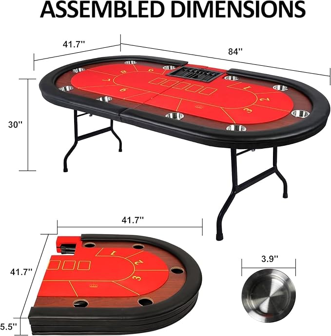 Premium 84" Oval Folding Poker Table – 10-Player Texas Hold’em with Cushioned Rails, Stainless Steel Cup Holders, Chips Tray, and Felt Surface for Blackjack and Casino Games (Red)