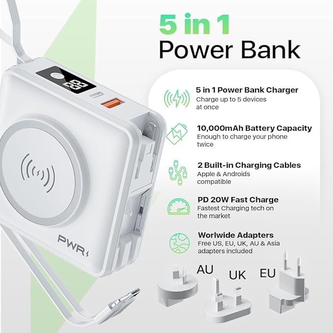 PWR Travel PRO 5-in-1 Power Bank with Case Included ??10,000mAh with Built-in Cables ??20W USB-C + 15W Wireless Charging ??Compact Portable Charger for iPhone & Android - White