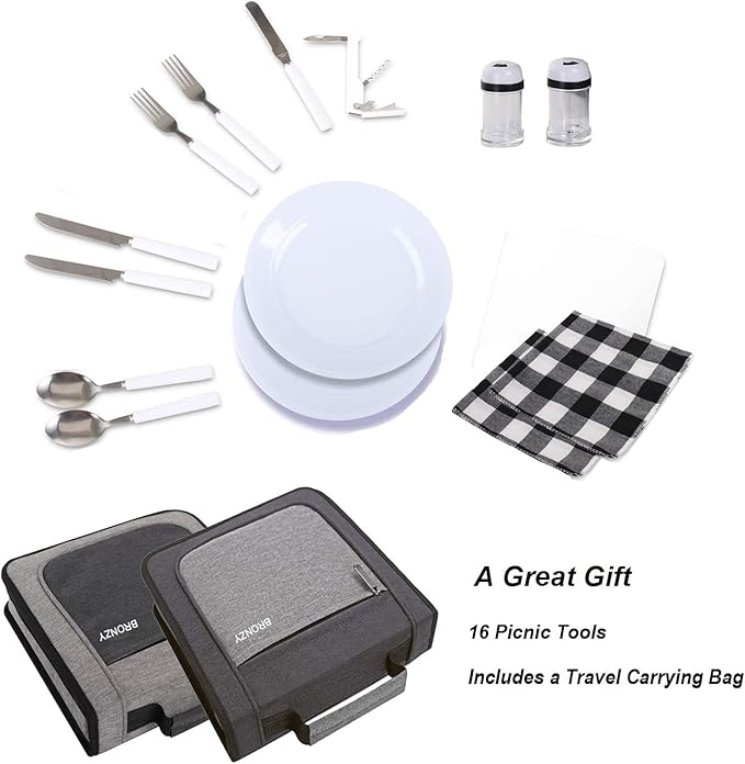 BRONZY Picnic Set Camping Cutlery Organizer Dinnerware Set - Mess Kit,Portable Eating Set with Plates,Spoons,Knives,Wine Opener,Forks,Napkinsc (16pcs/24pcs)