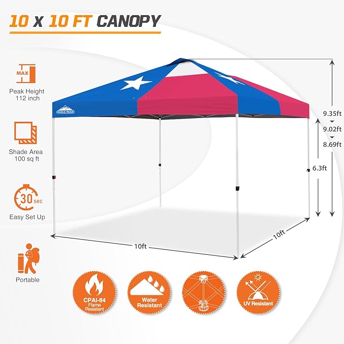 EAGLE PEAK Pop Up Canopy Tent with Wheeled Carry Bag, 8 Stakes, 4 Ropes, 4 Weight Bags, Easy Set Up Tent Canopy, 10x10 ft, 100sqft of Shade, Texas