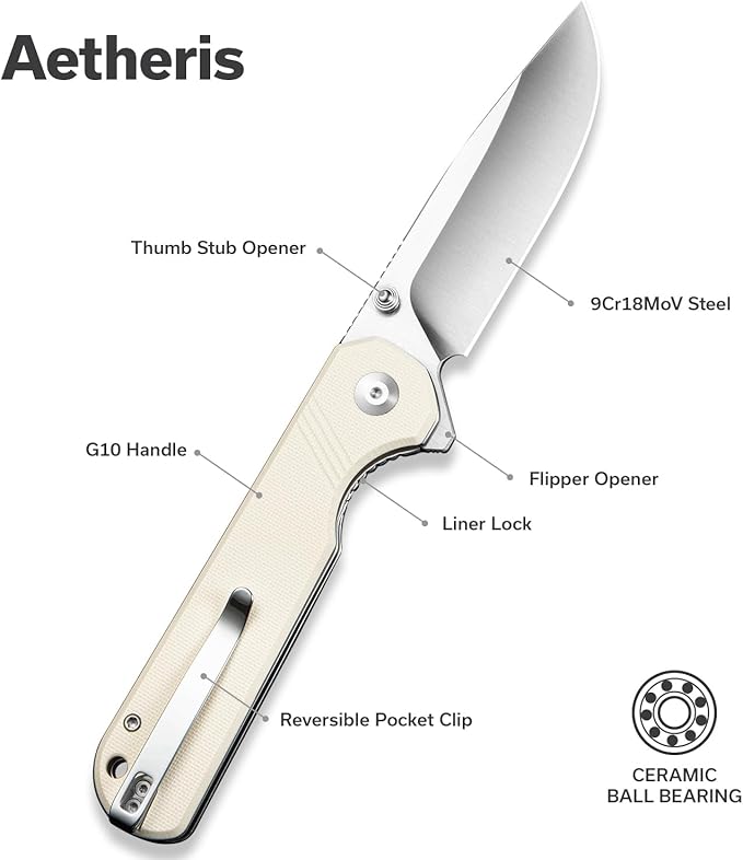 SENCUT Aetheris Pocket Knife, EDC Folding Knife with 3.68'' 9Cr18MoV Blade & G10 Handle, Reversible Clip for Camping Hiking S24095-1 (Ivory)