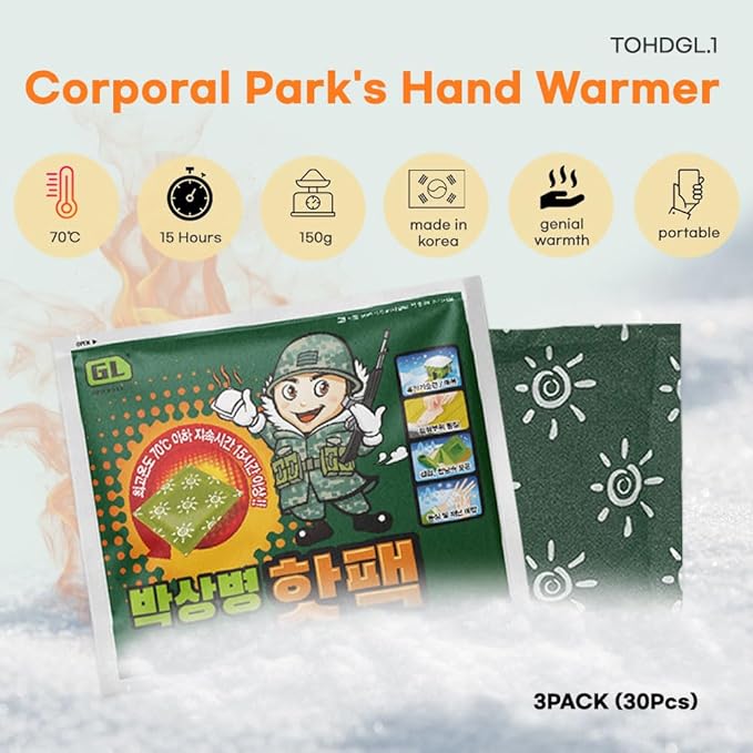& Good Life Hand Warmers - Corporal Park's hot Pack - 15Hours Long Lasting -Made in Korea Larg Hand&Body Warmers - Natural Odorless Air Activated Warmers 30 Pcs