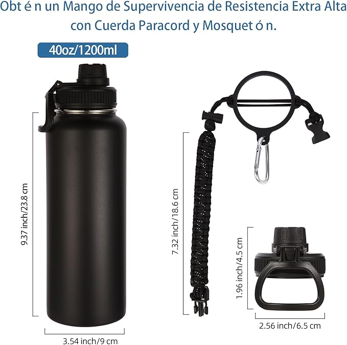 Volhoply Insulated Water Bottles Bulk 8 Pack, 40 oz Stainless Steel Sports Bottle with Paracord Handle & SpoutLid, Double Walled Metal Cups with Wide Mouth, Reusable Adult Water jug (Black,8 Set)