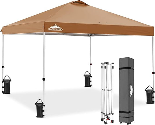 EAGLE PEAK Pop Up Canopy Tent with Wheeled Carry Bag, 8 Stakes, 4 Ropes, 4 Weight Bags, Easy Set Up Tent Canopy, 10x10 ft, 100sqft of Shade, Khaki