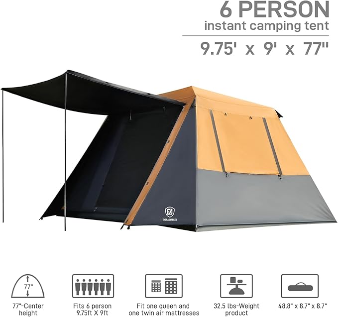 EVER ADVANCED Blackout Design 6 Person Camping Tent, Instant Cabin Tent for Family with Vestibule and Large Mesh Windows, 60s Easy Setup, Double Layer, Water-Resistant