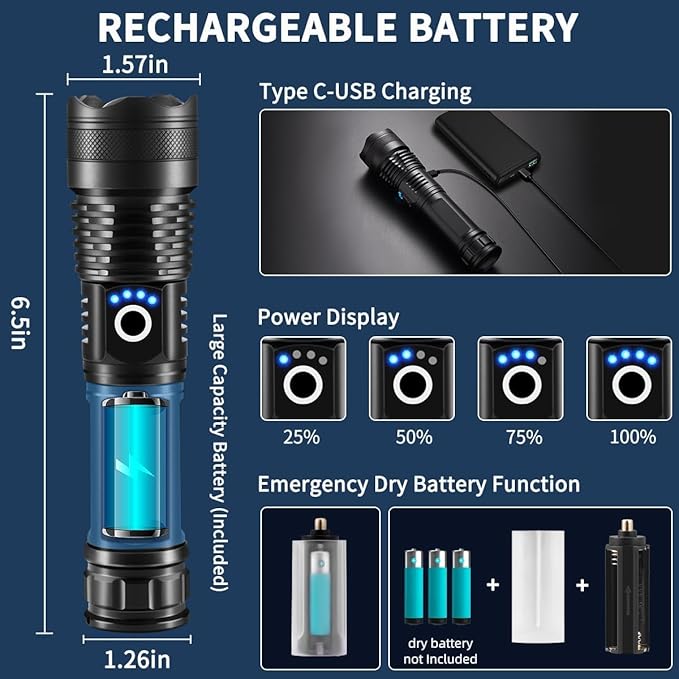 Flashlights High Lumens Rechargeable, 4Pack Rechargeable Flashlights, Super Bright Flashlight, 5Mode Tactical Flashlights High Lumens, LED Flashlight High Powered, Waterproof Flash Light LED