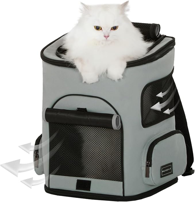 PETSFIT Cat Carrier Backpack with Upgraded Waist Protection, Pet Carrier Backpack Designed for Small Dogs/Cats, Fully Ventilated Collapsible Dog Backpack for Outdoor Traveling Hiking Camping,Grey