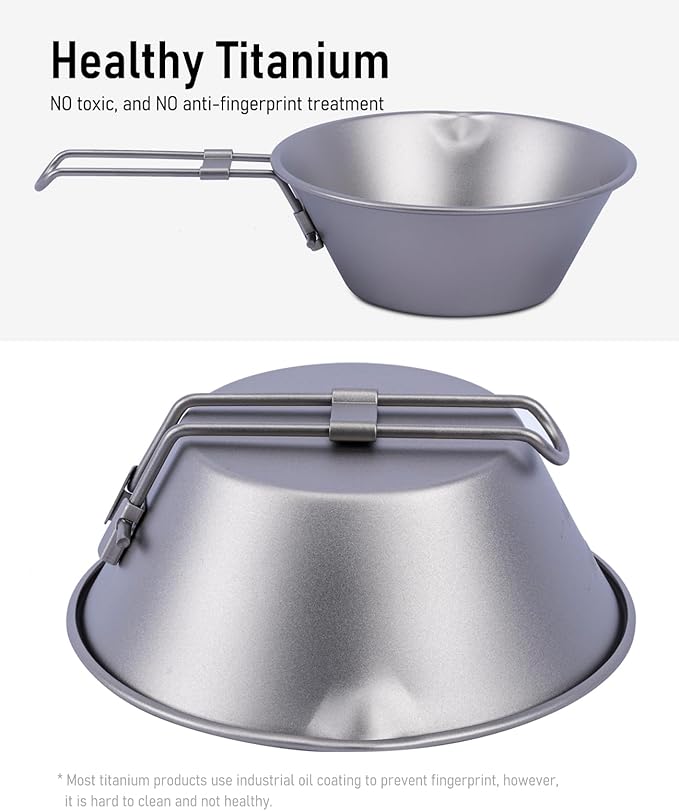 iClimb Titanium Bowl with Foldable Handle Ultralight Compact Portable Flatware Tableware with Bag for Outdoor Camping Backpacking Hiking Travel Picnic
