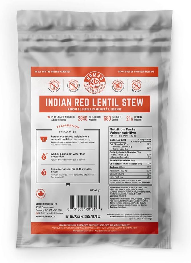Nomad Nutrition ??Indian Red Lentil Stew | High Energy, All Natural Ingredients | Plant-Based & Non-GMO| Just Add Boiling Hot Water | 112g / 4oz (Pack of 1)