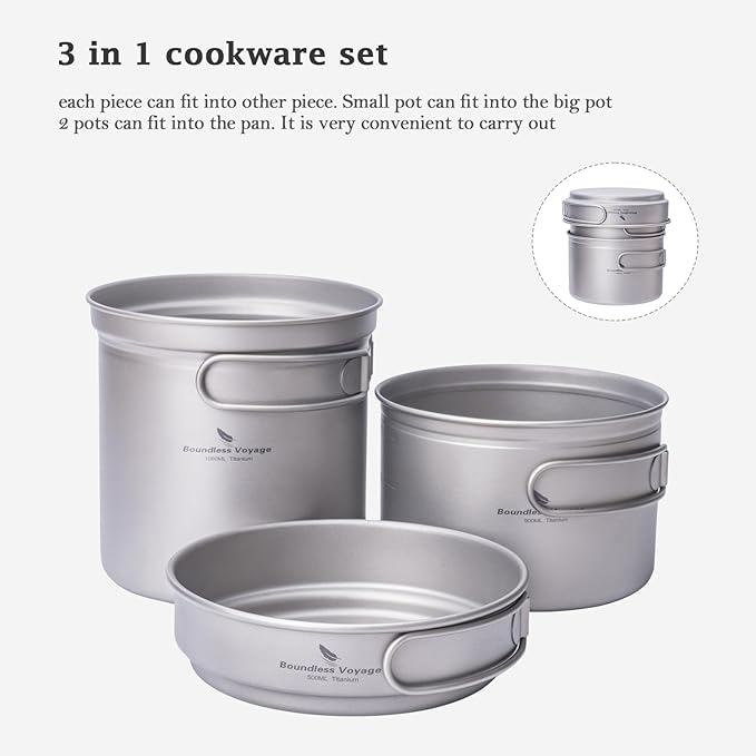 iBasingo Titanium Pot Pan Set with Folding Handle - Ultralight Portable Outdoor Cookware Mess Kit for Camping, Picnic, Travel & Backpacking (1080ml Soup Pot, 900ml Cup, 500ml Frying Pan)