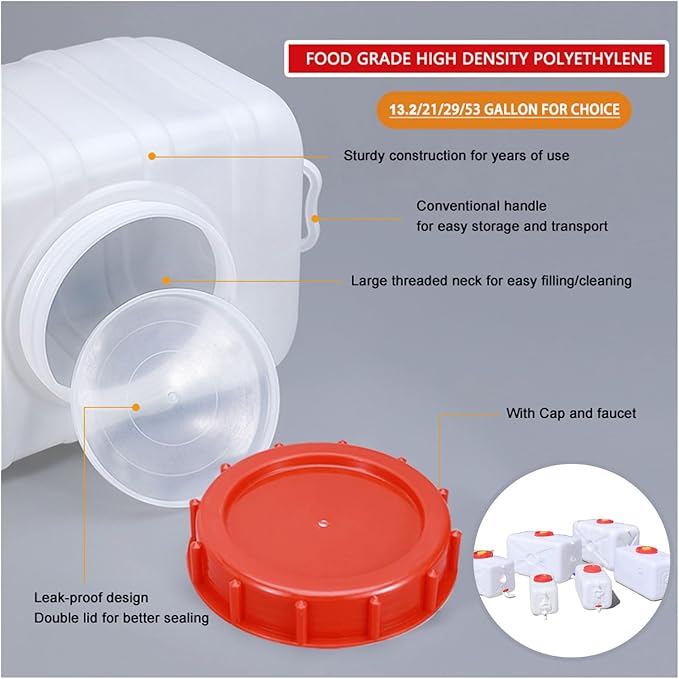 Portable Water Container with Cap Spigot, Food Grade HDPE Camping Water Storage Water Tank for Outdoors Hiking Picnic Vehicle Home Emergency(Size:50L,Color:White)