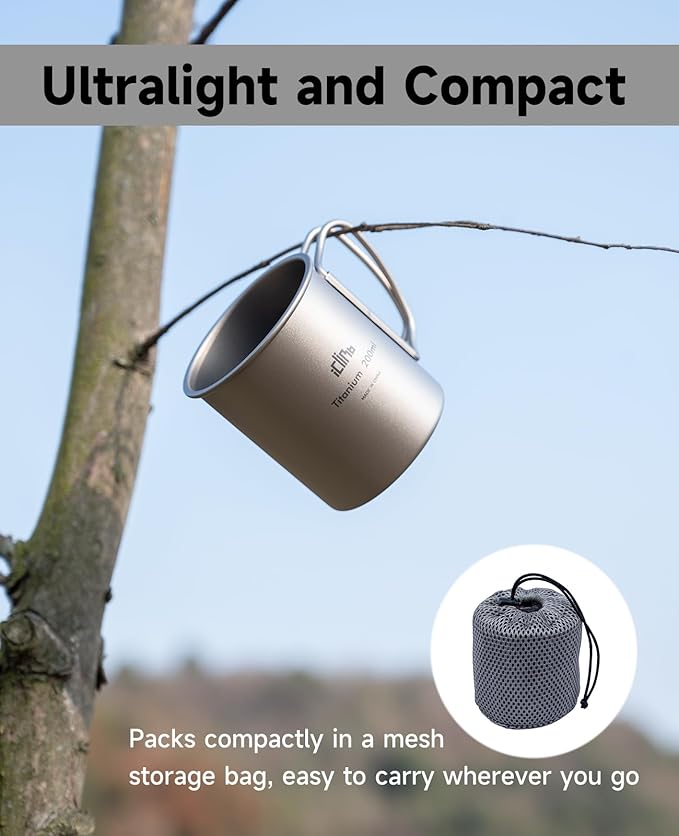iClimb Titanium Cup Camping Coffee Mug Ultralight Compact with Foldable Handle (200ml)