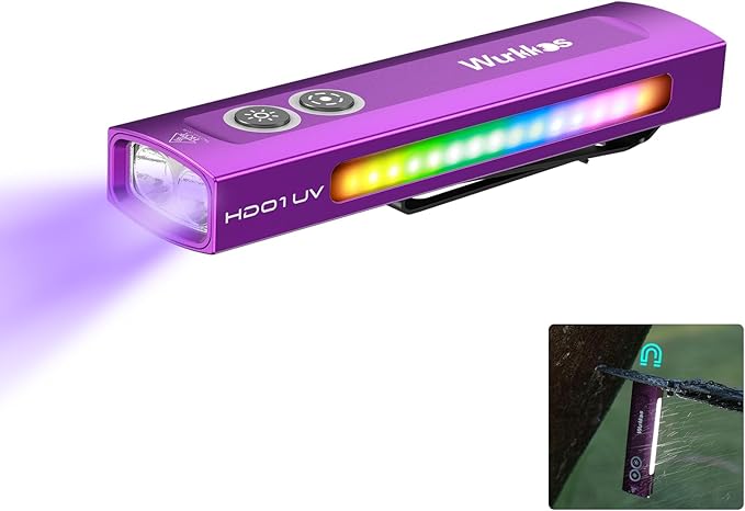 Wurkkos HD01 UV Flashlight, Rechargeable EDC Flashlight, Led Flashlight with 365nm UV Light, 1200 Lumens Flat Flashlight with RGB, Pocket Light for Emergency, Pet Urine Detection(Purple)