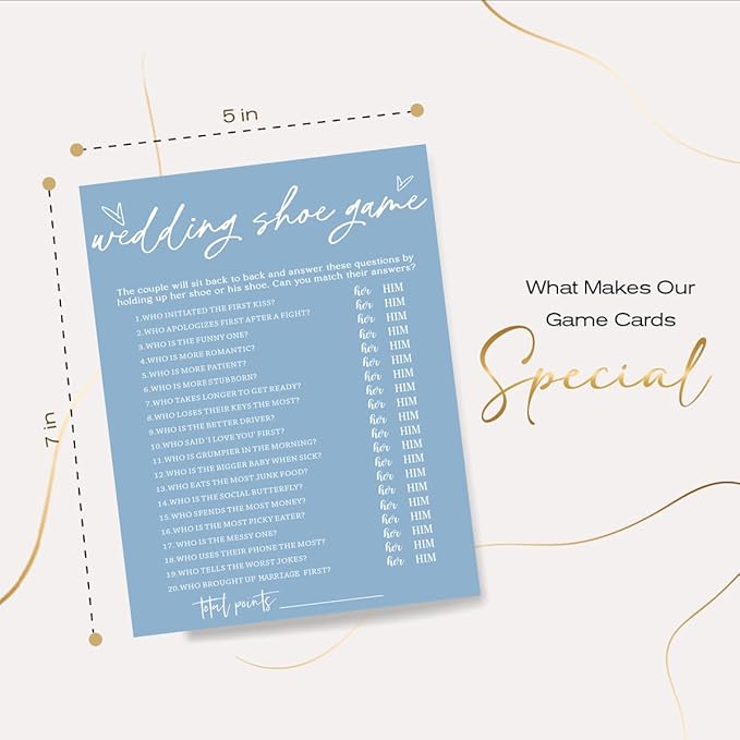 Bridal Shower Games Cards & Shoe Game - 25 Guests Engagement Party Supplies - Minimalist Blue Wedding Party Supplies - B04