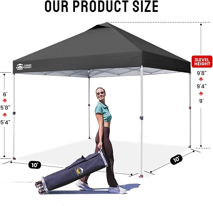 CROWN SHADES 10x10 Pop Up Canopy - Beach Tent with One Push Setup - Easy Outdoor Sun Shade Shelter for Events, Parties - Gazebo with STO-N-Go Cover Bag, Silver Coated Top, Grid Grey