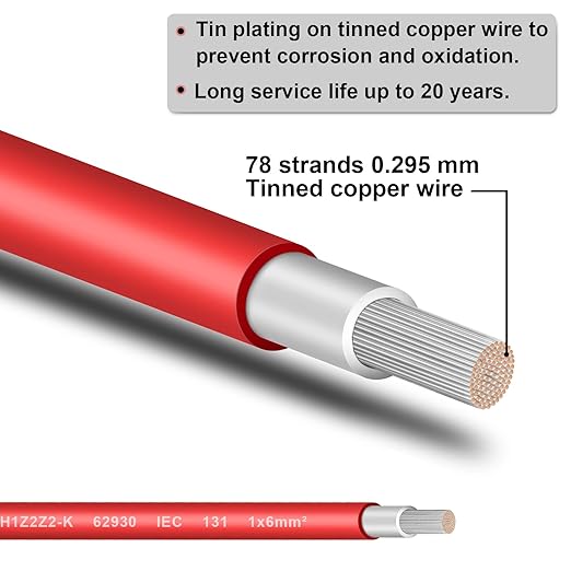 Solar Panel Wire - 120FT Red Tinned Copper Wire, 10AWG (6mm²) PV Wire Solar Extension Cable for Outdoor Automotive RV Boat Marine Solar Panel - Red (10AWG 120FT)