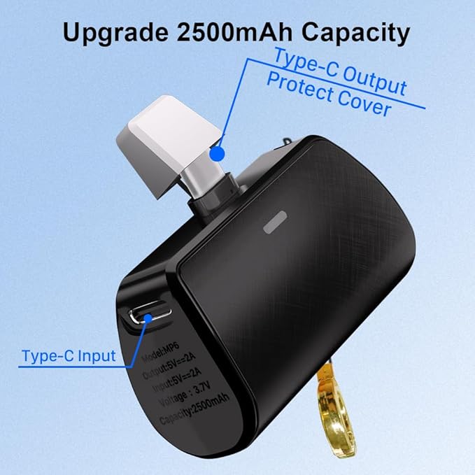 WAVYPO Keychain Portable Charger 2500mAh, USB-C Cell Phone Portable Power Bank, Compatible for iPhone 16/15/15 plus/15 pro/15 pro Max/Android/Samsung/Moto/LG (Black)