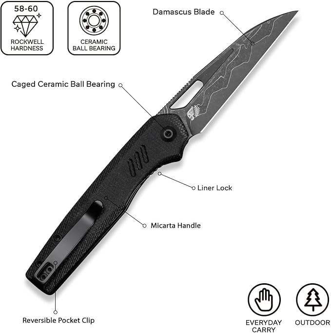 CIVIVI Guile Pocket Knife, Folding Knife for EDC, 3.25" Damascus Blade Micarta Handle with Reversible Deep-Carry Clip C24062B-DS1
