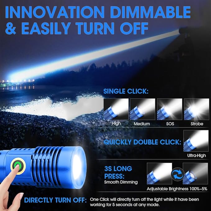 Rechargeable Flashlight High Lumens, High Lumens Super Bright Flash Light, Long-Range Zoomable LED Flashlights for Emergency, EDC, Searching, Waterproof Flashlight Dimmable Blue Pcs