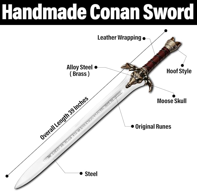FORGE HIDE-Conan The Barbarian Sword – Real Full Tang Atlantean Swords | 1095 Carbon Steel, Bronze Fittings & Leather Sheath | Medieval Fantasy King Sword Prop | Gift for Him, Christmas, Viking Gifts