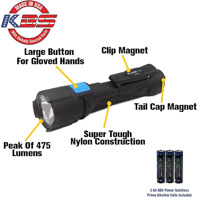 Bright Star Razor Go All-Purpose LED Flashlight – 21,000 Candela Beam, 24-Hour Runtime, Magnetic Hands-Free Base – Heavy-Duty Utility Light with AA Batteries Included – Made in USA