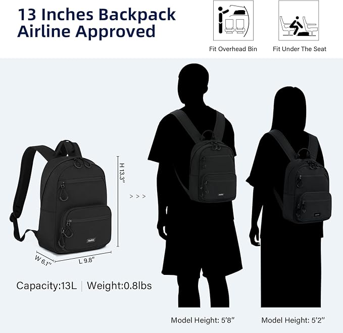 Carry On Travel Backpack For Men Women, 13 Inch Small Mini Work Bag Personal Item Backpacks, Camping Back Pack Lightweight Hiking Daypack For Office Nurse Commuter (Black)