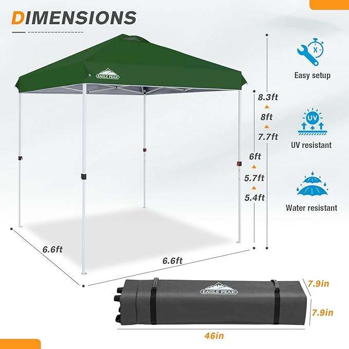 EAGLE PEAK Pop Up Canopy Tent with Wheeled Carry Bag, 8 Stakes, 4 Ropes, Easy Set Up Tent Canopy, 6.6x6.6 ft, Green