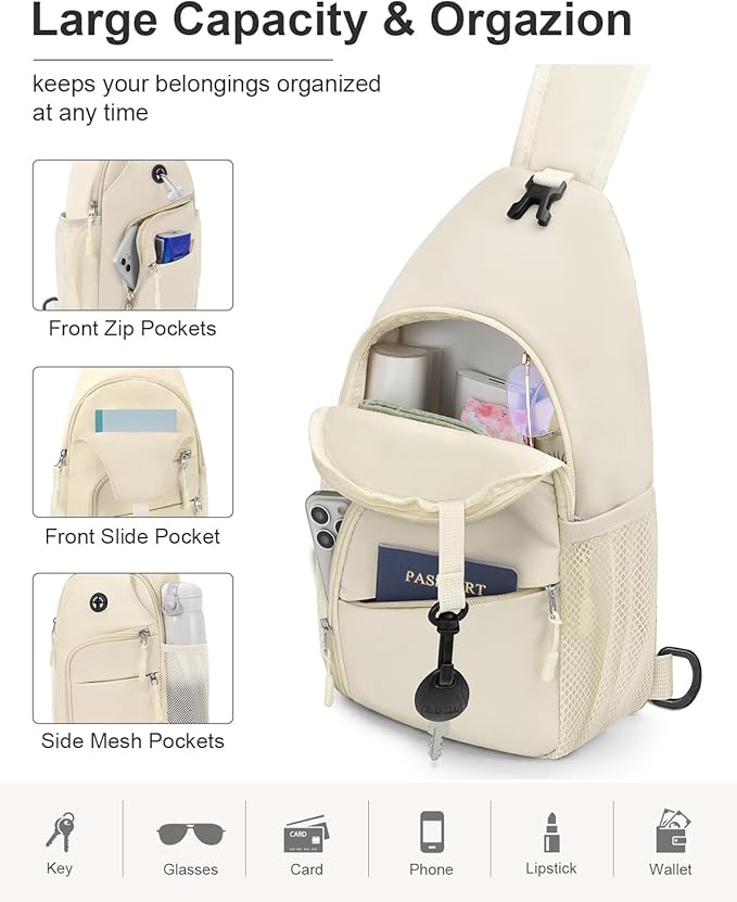 Crossbody Bags for Women Man, Waterproof Sling Bag Backpack Trendy Casual Cross Body Bags with Convertible Shoulder Strap Chest Bag for Camping Hiking Travel Essentials (Ivory, Large)