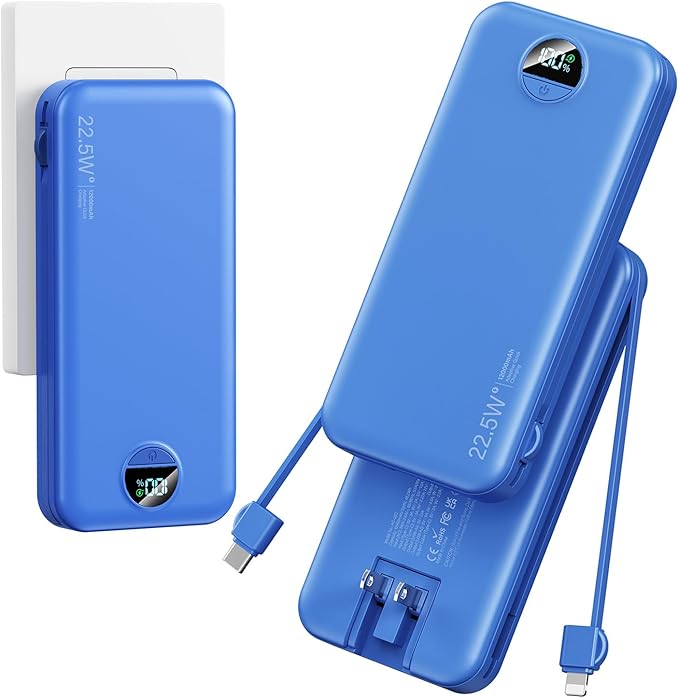 12000mAh Ultra-Portable-Charger-Power-Bank with Built in Cables&AC Wall Plug,PD20W USB-C Fast Charging Cell Phone Charger Battery Pack,LED Display Travel Battery Bank for All iPhone,Samsung,Android