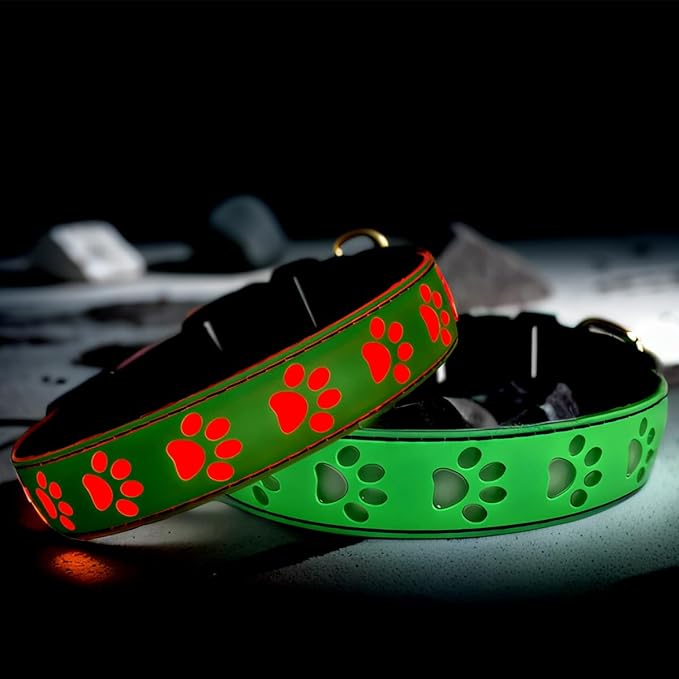LED Light Up Dog Collar, USB-C Rechargeable, Multicolor Paw Print Design, 15 Modes Lighting Night Safety (Green, XL(19.7-23.6"))