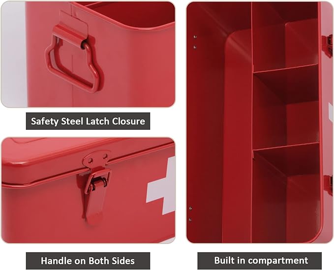 First Aid Medicine Box, First Aid Kit Supplies Bin, Metal Medicine Storage Tin, First Aid Empty Box with Safety Lock for Home Emergency Tool Set-Red
