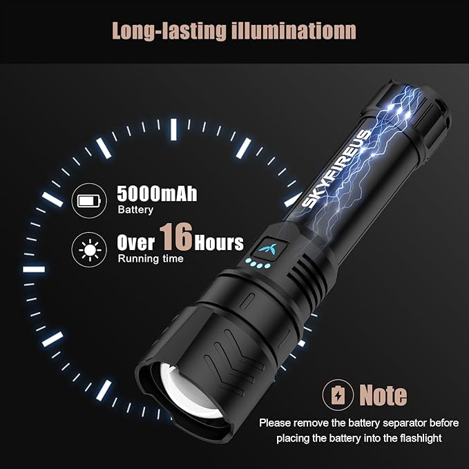 SKYFIRE LED Flashlights High Lumens,2000lm Super Bright Rechargeable Flashlight with Ignition Lens, Zoomable,Output,Waterproof Flash Light for Camping Essentials,Outdoor and Home(Black)