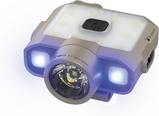 Claymore Capon 120D UV (Tan) - LED Rechargeable Clip-On Cap Headlamp, Lightweight Hat Light for Camping, Running, Hiking, Emergency & Industrial Use, Waterproof, Up to 45 Hours of Battery Life.