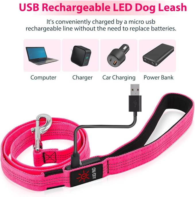 Candofly Light Up Dog Leash, USB Rechargeable LED Dog Leash, 4 Ft Reflective Pet Leash for Small Medium Large Dogs(Hotpink)