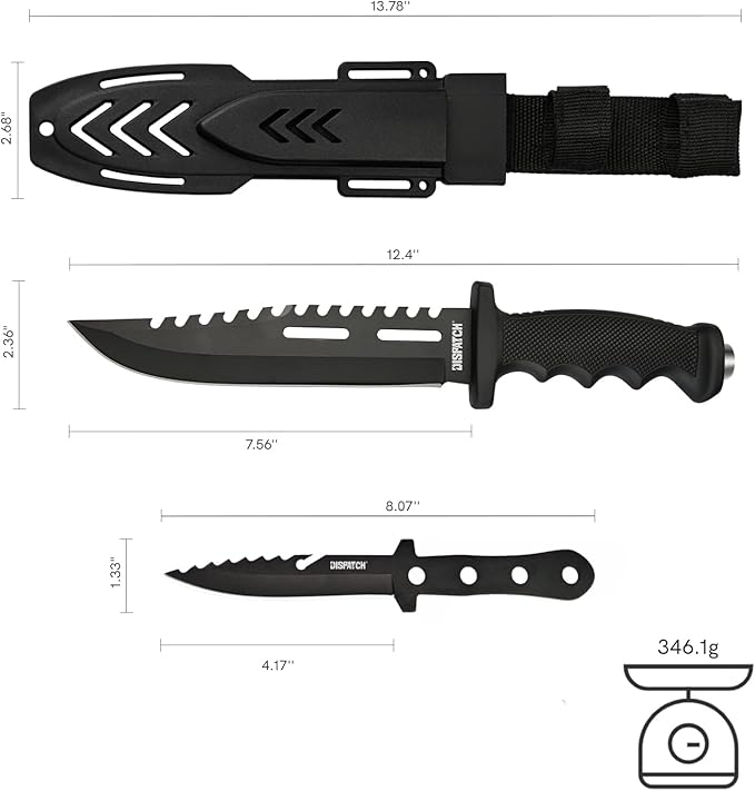 Dispatch Fixed Blade Hunting Knife with Sheath, 12" and 8" Survival Knives Set for Men Tactical Bowie Knife with Non-Slip Handle for Bushcraft, Outdoor Camping
