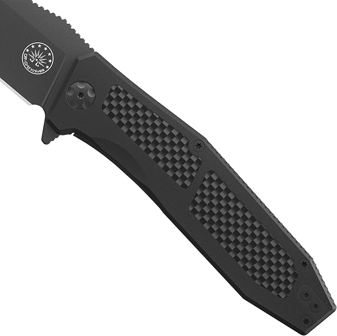 Off-Grid Knives - SCORPION V3, Large EDC Knife with Premium MagnaCut Blade Steel, Titanium Scales, Carbon Fiber Inlays, Manual Ball Bearing Flipper, Four Finger Grip, Deep Pocket Carry (Blackout)