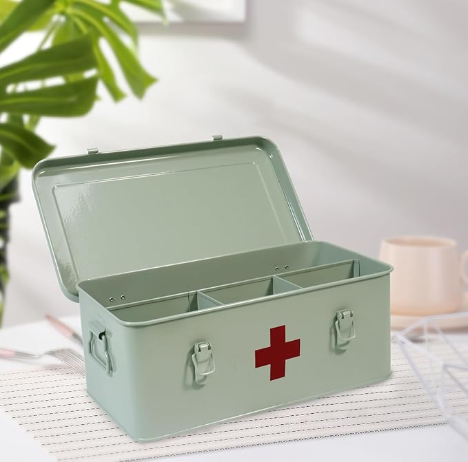 First Aid Medicine Box, First Aid Kit Supplies Bin, Metal Medicine Storage Tin, First Aid Empty Box with Safety Lock for Home Emergency Tool Set-Green