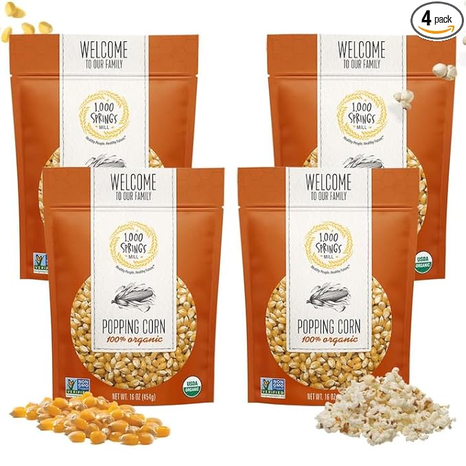 1000 Springs Mill Organic Dry Popcorn Kernels - Non-GMO, Healthy Snack for Microwave or Stovetop - Bulk Organic Popcorn Kernels with Resealable Bag - Enjoy Fresh & Crisp Popcorn - 16oz (Pack of 4)