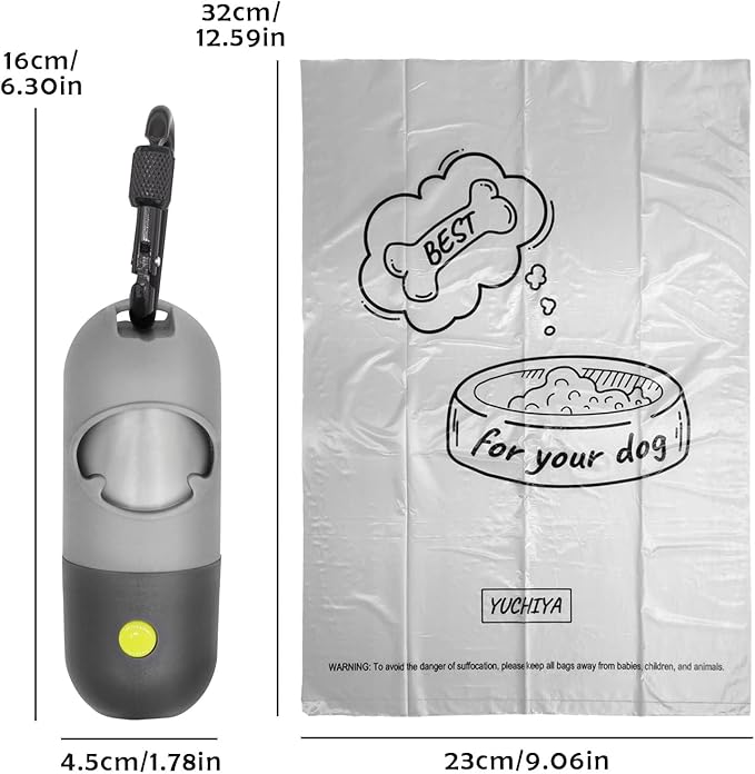 Dog Poop Bags Holder with LED Flashlight|Pet Waste Bags Dispenser for Leash|Doggie Potty Bags Container with Leak-proof Pet Trash Bags and Accessories (2 Holders 30 Bags, Grey and Black)