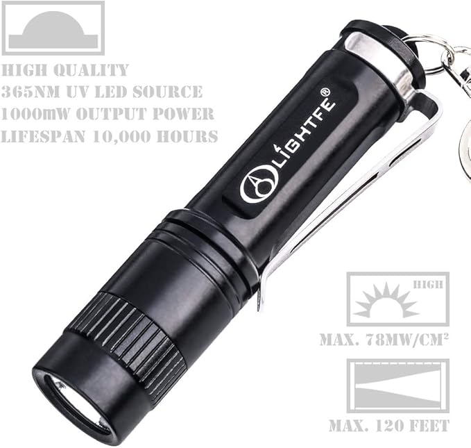 LIGHTFE Black Light 365nm UV Flashlight UV101D with High Power UV LED Source Keychain Light Powered by 1 AAA Battery for UV Glue Curing Light, Pet Urine Detector Light, AC Leak Detector…