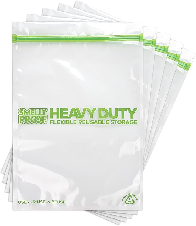 Smelly Proof REUSABLE STORAGE BAGS, Extra Large HEAVY DUTY 5-mils US-Made, BPA FREE, NO PEVA, Dishwasher-Safe Reusable Freezer Bags Triple Zip CLEAR FLAT XXL 2-Gallon 12" x 16" - 5pk