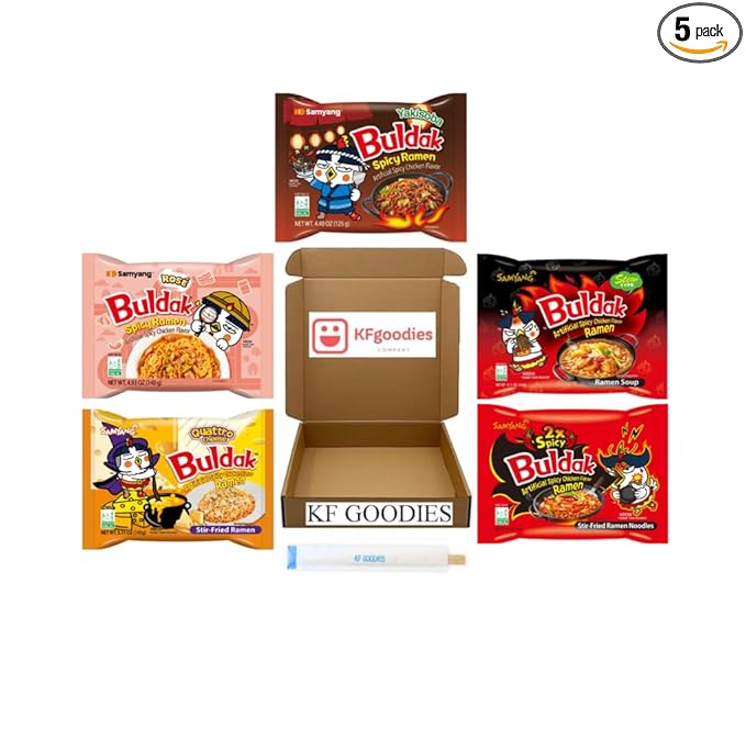 KF GOODIES Korean Ramen Variety Pack Gift Box (5 Count) – Spicy Buldak Noodle Assortment for Birthdays, College Care Packages, Office Snacks, and Gift Baskets
