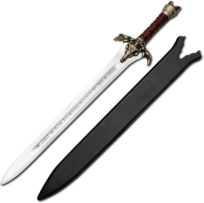 FORGE HIDE-Conan The Barbarian Sword – Real Full Tang Atlantean Swords | 1095 Carbon Steel, Bronze Fittings & Leather Sheath | Medieval Fantasy King Sword Prop | Gift for Him, Christmas, Viking Gifts
