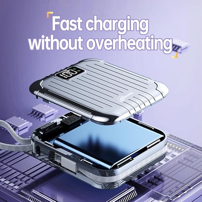 10000mAh Slim Power Bank with Built-in Cables, 22.5W Fast Charging, 4 Outputs 2 Inputs, 3A Portable Charger for Samsung Google Pixel LG Moto iPhone iPad