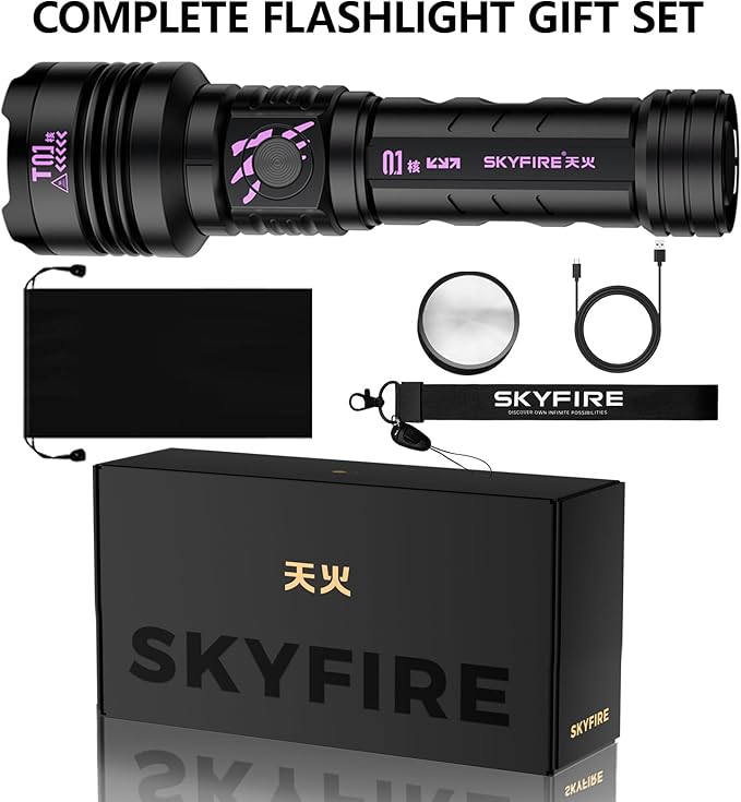 SKYFIRE Rechargeable Flashlights High Lumens: LED Super Bright Flashlight Zoomable with 5 Modes IPX6 Waterproof Handheld Powerful Flash Light for Camping,Emergenciesr,Home&Gifts(with Ignition Lens)