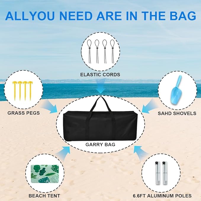 YUKIHOME Beach Tent Sun Shade Canopy Tent, UPF 50+ Camping Beach Sun Shelter 7 x 7ft 2 Pole, Lightweight, Easy Set Up and Carry