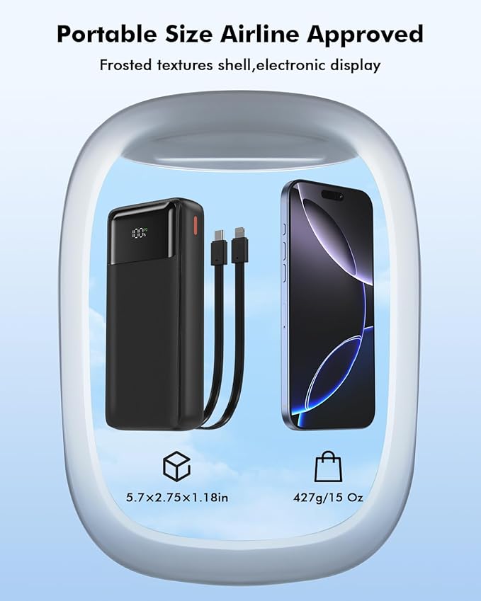20000mAh Power Bank 22.5W PD/QC3.0 Fast Charging Portable Charger with Built-in Lightning and Type-C Cables 5V-4.5A iPhone,Samsung,iPad,Tablets,Google Pixel,AirPods and More
